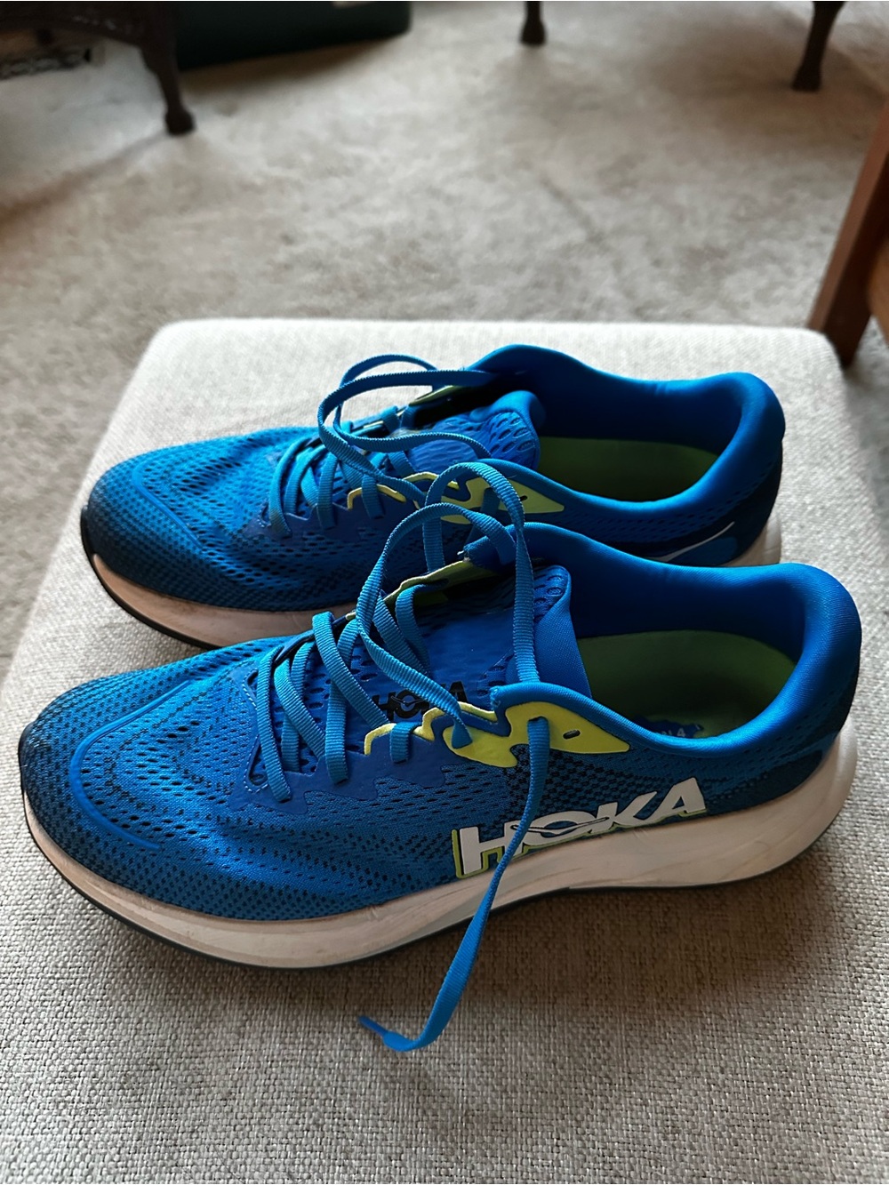 Hoka Blue Running Shoes with Lime Accents